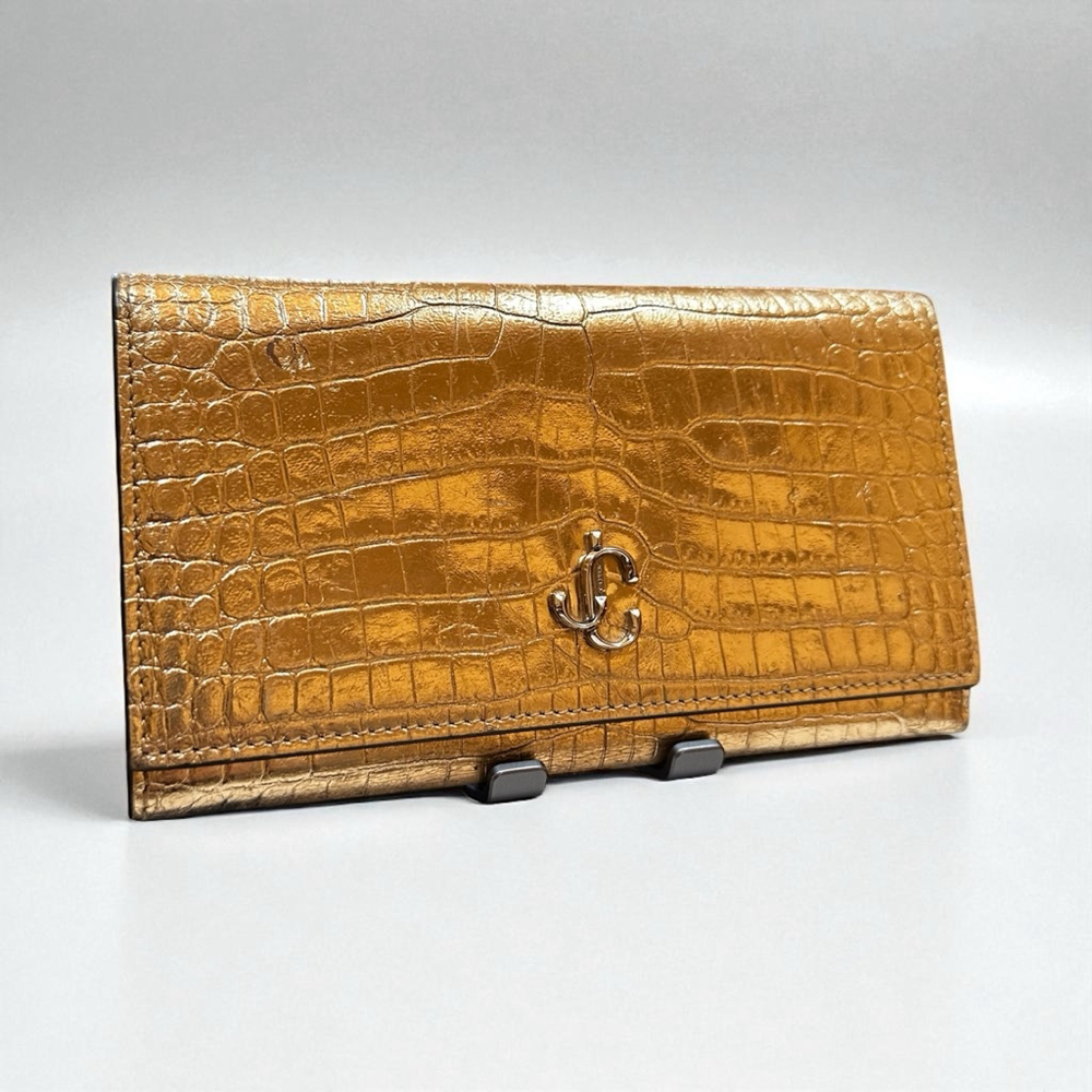 Women's Jimmy Choo Gold Crocodile Embossed Flap Wallet